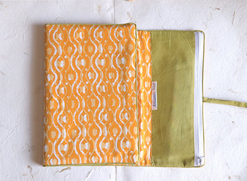 Stationery Kit | Yellow Block Printed Multipurpose Case | Red Kalamkari Roll Up-Pencil Case | Brown Spiral Notebook | Set Of 3