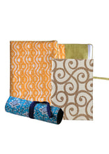 Stationery Kit | Block Printed Yellow Multipurpose Notebook Case | Roll-Up Pencil Case | Spiral Notebook | Set of 3