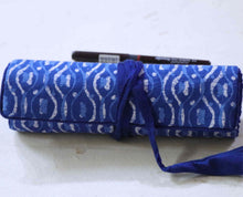 Blue Block Printed Roll Up Pencil Case