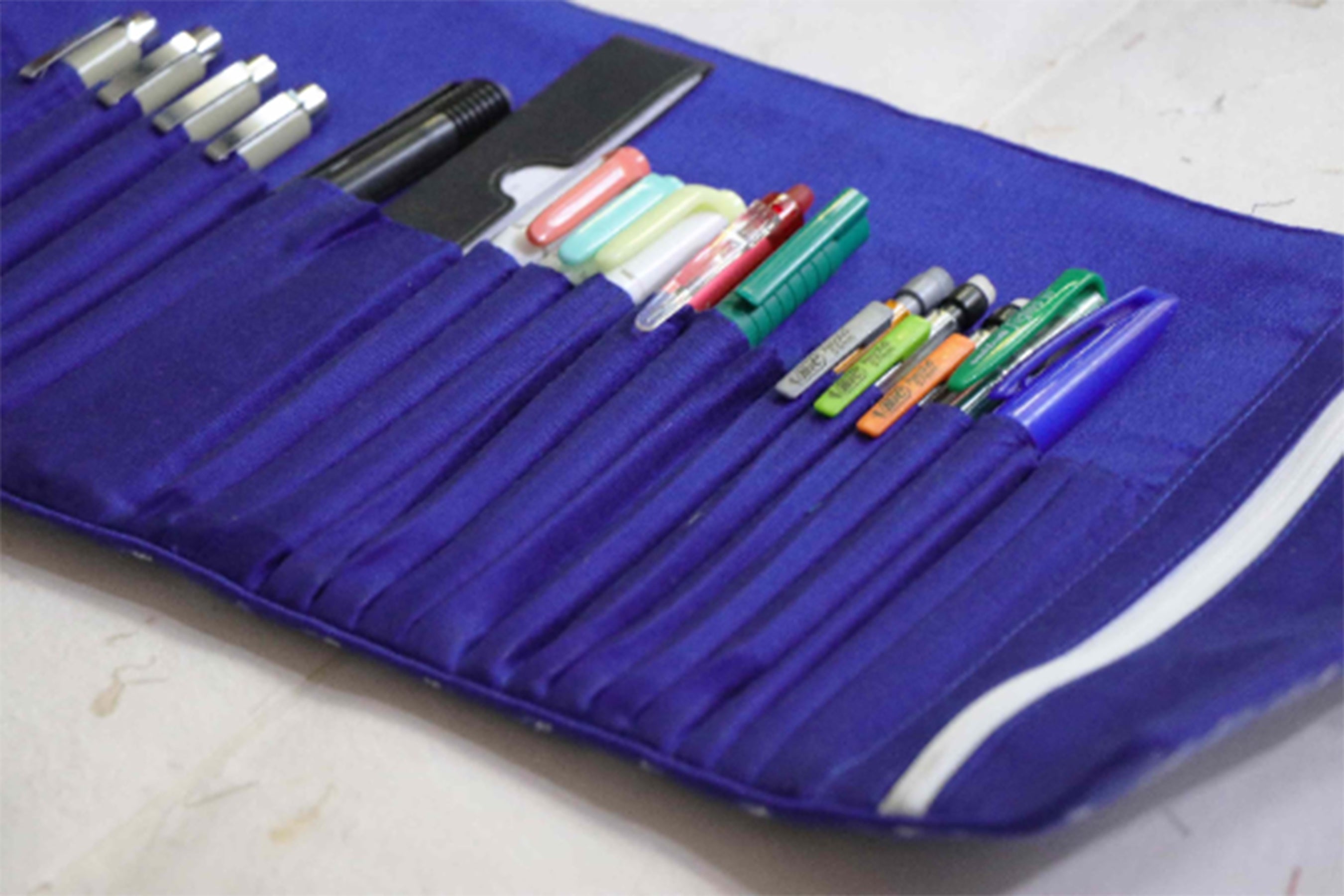 Blue Block Printed Roll Up Pencil Case