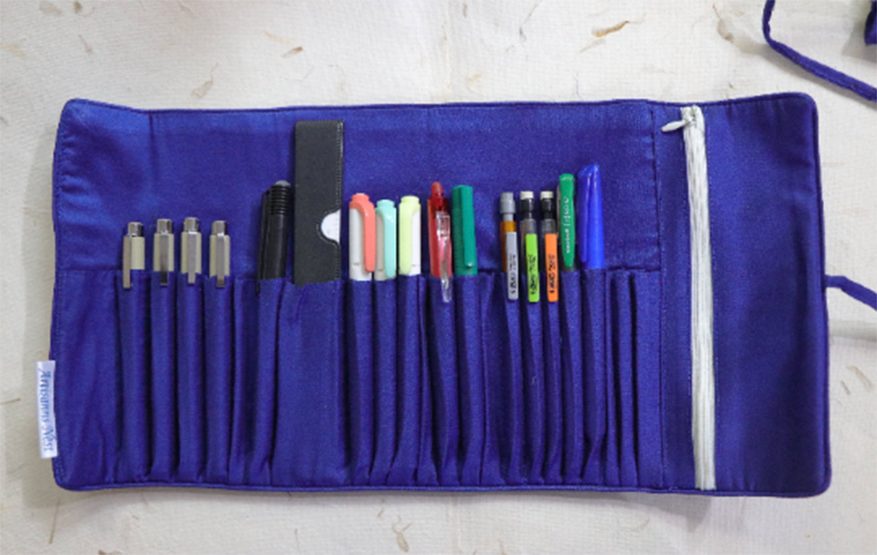Blue Block Printed Roll Up Pencil Case